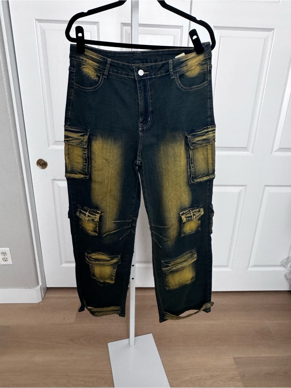 Distressed Black Cargo Jeans with Yellow Fade - Men Pants